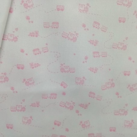 TELA DE PIQUE CANUTILLO BLANCO CON TRENES ROSAS