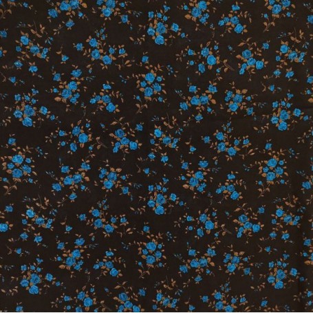Tela de gasa marron oscuro con flores en turquesa