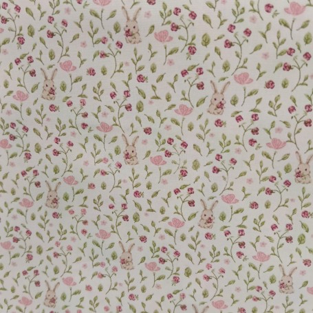 TELA ALGODON FLORES Y CONEJITOS ROSA
